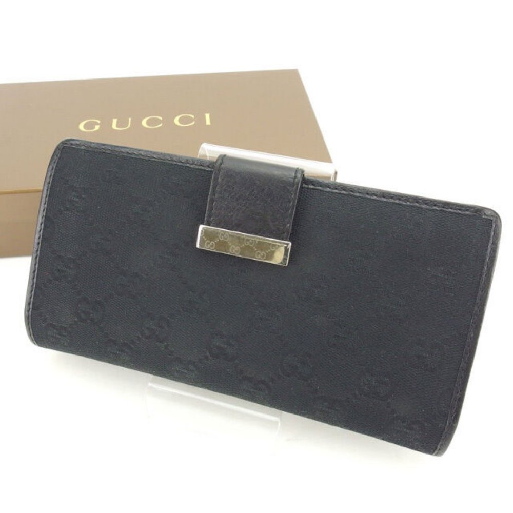 Gucci Wallet Purse Long Wallet GG Black Gold Woman Authentic Used Y4344